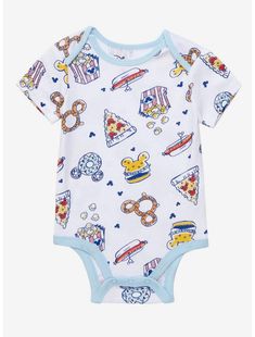 Disney Mickey Mouse Food Allover Print Infant One-Piece - BoxLunch Exclusive Disney Shirts For Baby Boy, Disney Baby Clothes Target, Baby Boy Disney Shirts, Disney Infant Clothes, Disney World Onesie, Mickey Mouse Food, Disney Baby Clothes, Mickey Balloons, Baby Mouse