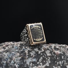 Ayetel Kursi Silver Ring, Black Enamel Ring, Holy Quran Ring, Handmade Silver Ring, 925 Sterling Silver Ring, Gift for Him ✦ Details ✦ * Material: 925 Sterling Silver * Weight: 18.40 grams * Sides oxidized. * Stamp: 925 * Available sizes; 6 US to 16 US. Contact me if you need any other size! ✦ Shipping ✦ * Processing time: 1-2 business days. * This item ships from my Turkish workshop in Istanbul. * Add your phone number in address box for a smoother delivery. That makes courier personnel's job e Saint Coran, Handmade Silver Ring, Enamel Ring, Ring Black, Luxury Gift Box, Holy Quran, Silver Rings Handmade, Ring Handmade, Personalized Products