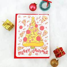 a christmas card with a pizza on it