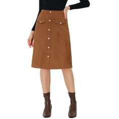 The women's vintage A-line skirt adopts fabric, and is soft and breathable. The skirt with comfortable fabric is paired perfectly with pretty chic heels for a fashionable look. Suit for fall and for many occasions, such as daily wear, hang out, lounging, vacation, office, shopping, etc. Measurement (in inches) International Size----------Waist Girth----------Total Length XS------------------------------25 5/8------------------------24 3/4 S--------------------------------27 1/2------------------------25 3/8 M-------------------------------29 1/2---------------------------26 L--------------------------------32 5/8------------------------26 5/8 XL------------------------------35 7/8------------------------27 1/8 More Styles, More Choices, CLICK HERE. Color: Brown.  Gender: female.  Age Group Womens Suede Skirt, Midi Jean Skirt, Casual Denim Skirt, Prom Costume, Womens Denim Skirts, Midi Skirt With Pockets, Bodycon Midi Skirt, Box Pleat Skirt, Skirt Knee Length