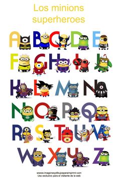 a poster with the letters and numbers in spanish for children's alphabets, including minion characters