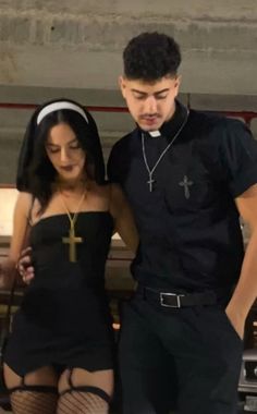 Hot Nun And Priest Costume Couple, Tall Boyfriend Short Girlfriend Halloween Costumes, Underrated Couple Costumes, Black Costume Ideas Couple, All Black Couples Costume, Hollowen Coustums Ideas For Couples, Halloween Rave Outfits Couple, Holloween Costume Ideas Couple 2023, Couple Halloween Costumes 2023 Party