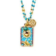 Handcrafted whimsical necklace, a double chain with dainty turquoise and gold gemstones, a large rectangular sun tarot pendant in turquoise enamel with pavé crystals, a gold plated coin with twinkling stars and moon, a green agate tear drop charm, finished with a bright orange organic thread and tiny danglers. A truly amusing statement piece. Wear it long or doubled casually or dressed up. Necklace is 40” in length Made with love in Los Angeles Complimentary gift wrapping provided All sales fina Tarot Pendant, Made Bracelets, Whimsical Necklace, Twinkling Stars, Turquoise And Gold, Versatile Jewelry, Twinkle Star, Green Agate, Double Chain