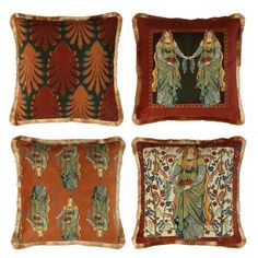 four decorative pillows in various colors and designs, each with an image of two women