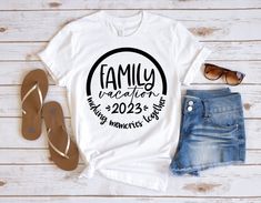 "Family Vacation 2023 Shirt, Family Making Memories Together 2023 Vacation Shirt, Family Cruise Shirt, Vacation Shirt, Family Vacation Shirts * Processing time is 1 business day (there may be exceptions during holiday seasons). Delivery time is based on your shipping type selection and location. Please check the estimated delivery times at checkout and upgrade the shipping at checkout if you need it sooner. * All items are made-to-order. Because of the nature of these items, unless they arrive damaged or defective, we cannot accept return or exchange. * Please review the all size charts displayed in the product images.  * Please note that the sizing chart includes the measurements of one side of the shirt, not the circumference.  * Sizing might differ 1\" (+-) from brand to brand. We recom Family Vacation Shirts Disney, Family Vacation T Shirts, Family Vacation Shirts Matching, Family Beach Vacation Shirts, Family T Shirt Ideas, Family Tee Shirts Ideas, Family Day Tshirt Design Ideas, Vacation Tshirt Ideas, Family Trip Shirts