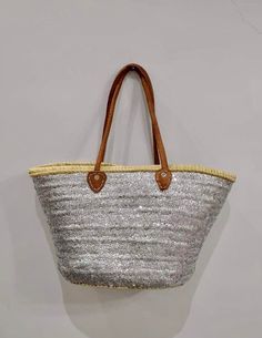 Sequined Silver Mettalic Straw Beach Bag with Leather Handles | Etsy Summer Vacation Tan Straw Bag, Spring Party Straw Bag, Summer Tan Straw Bag For Beach, Summer Beach Straw Bag In Tan, Market Basket Bag, French Beach, French Market Basket, Moroccan Boho, Straw Beach Bag