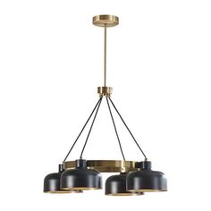 three light chandelier with black shades and gold accents on an isolated white background