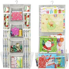 two storage racks filled with christmas cards and wrapping paper