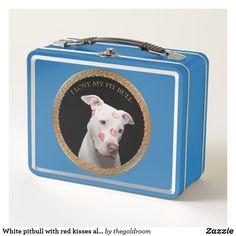 a blue lunch box with a white dog on it's side and the words, i love my pitbull