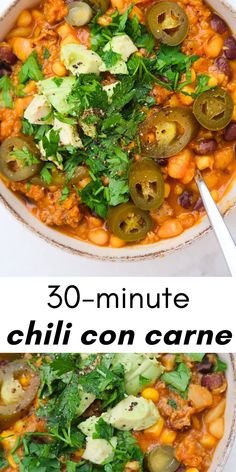 two bowls filled with chili con carne and vegetables