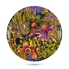 a plate with an image of flowers and plants on the front, surrounded by foliage