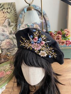 Embroidered French Beret Embroidered Beret, French Beret, Embroidered Hat, Stylish Hats, Snap Clips, Embroidered Hats, Berets, Hat Making, Upcycle Clothes