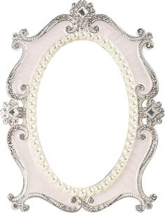 an ornate white frame with pearls and diamonds on the edges is shown in front of a white background