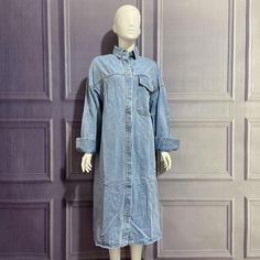 Oversized Casual Denim Dress For Fall, Oversized Long Sleeve Medium Wash Denim Dress, Oversized Long Sleeve Denim Dress In Medium Wash, Blue Long-sleeved Denim Dress With Pockets, Casual Light Blue Long Sleeve Denim Jacket, Light Blue Long Sleeve Cotton Denim Dress, Light Blue Button-up Denim Jacket, Oversized Blue Collared Denim Jacket, Oversized Long Sleeve Denim Dress For Fall