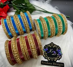 Beautiful & Traditional Bangles Golden Pearl Kada Design Bangles Indian & Pakistani Wedding Bangle Size 2.6 & 2.8. High-Quality set. Perfect for any Partywear, wedding and religious occassion. Set includes a total of 26 bangles including kadas. Color Available- - Green - Blue - Yellow Gold - Maroon -Magneta -Navy  Material- Stone Crystal Pearl beads Sizes- 2.6,2.8 Size available Care: It is advisable that you keep our products away from direct heat, humidity, and moisture.Please do not use Perfu Gold Bangle With Zari Work For Party, Bollywood Style Bracelets With Zari Work For Parties, Bollywood Zari Work Bracelets For Party, Adjustable Bangle For Wedding And Navratri, Wedding Green Bangle With Zari Work, Kada Design, Fancy Bangles, Traditional Bangles, Golden Pearl