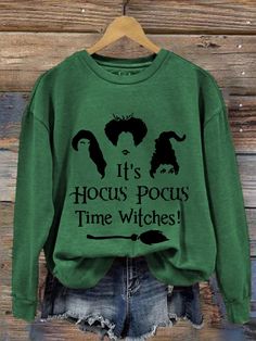 Women's It's Hocus Pocus Time Witches Halloween Casual Sweatshirt Halloween Themed Crew Neck Tops, Themed Long Sleeve Tops With Letter Print, Halloween Themed Tops With Crew Neck, Novelty Letter Print Tops For Fall, Themed Long Sleeve T-shirt With Letter Print, Themed Long Sleeve Letter Print T-shirt, Green Halloween Graphic Print Sweatshirt, Fall Themed T-shirt With Letter Print, Fall Novelty Crew Neck Tops