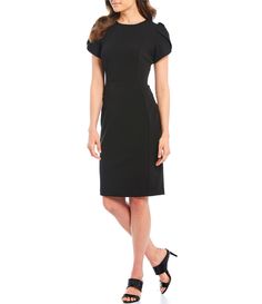 From Calvin Klein&#x2C; this dress features:sheath silhouettecrew necklineshort tulip sleeveszipper closureapprox. 38.75" center back closurepolyester/spandexdry cleanImported. Conference Outfit, Calvin Klein Black Dress, Macy Dresses, Street Style Fall Outfits, Sequin Sleeve, Tulip Sleeve, Calvin Klein Dress, Stretch Dress, Calvin Klein Black