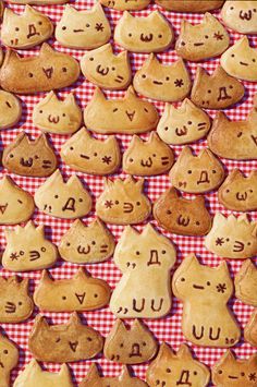 some cookies with cats on them and letters in the shape of faces are arranged together