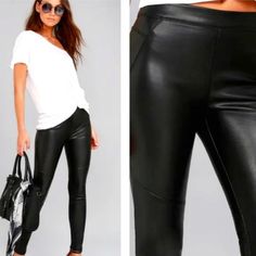 New With Tag These Free People Black Vegan Leather Pull-On Pants Are A Cross Between Skinny Pants And Leggings, Comfy & Chic With Dressy Heels Or Casual Chunky Boots Size 27 = 4 Color Black Pull On Stretch Pant Moto Side Seam Detailing 100% Poly Machine Wash Cold, Line Dry Free People Leggings, Sheer Leggings, Vegan Leather Leggings, Cut Out Leggings, Lace Leggings, Comfy Chic, Patterned Leggings, Ribbed Leggings, Black Vegan