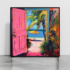 an open door to a tropical beach scene with palm trees and umbrellas on it