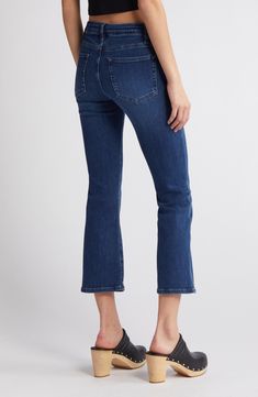 Made from premium stretch denim, these cropped jeans offer an updated take on the '70s trend with a contoured mid waist and slightly flared legs. 26 1/2" inseam, 18" leg opening; 11" front rise; 15" back rise (size 29) Zip fly with button closure Five-pocket style 77% cotton, 19% rayon, 3% elasterell-p, 1% elastane Machine wash, dry flat Imported t.b.d. Spring Dark Wash Flare Jeans, Fitted Cropped Leg Flare Jeans, Boot Jeans, T B, Cropped Jeans, Jeans And Boots, Stretch Denim, Mid Rise, Nordstrom