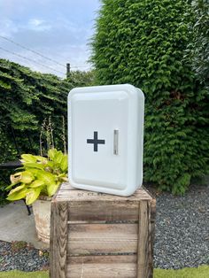 an old fashioned refrigerator sitting on top of a wooden crate in front of some bushes