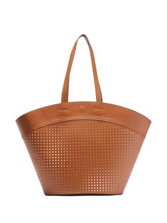 terracotta orange calf leather smooth grain fully perforated gold-tone logo lettering open top two long top handles faux-suede lining Orange Bag, Open Top, Letter Logo, Womens Tote Bags, Long Tops, Faux Suede, Casual Chic, Calf Leather, Fashion Branding