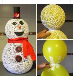 three pictures of a snowman made out of string and balloons, one with a top hat