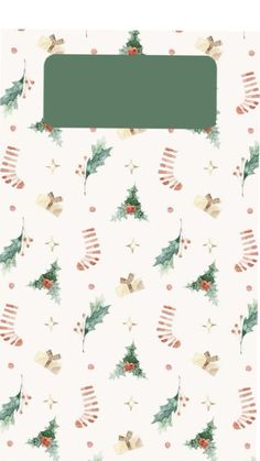 a white christmas card with holly and stockings on it, surrounded by red and green ornaments