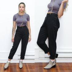 very cool vintage early 80s black Gitano cotton blend pants featuring a high waist fit with belt loops, button and zip front, pleat design, hip and back pockets and a tapered leg - unlined = = = DESCRIPTION = = = BRAND: Gitano LISTED SIZE: 10 (please see measurements) MATERIAL: 65% polyester, 35% cotton COLORS: black FLAWS: - CONDITION: very good vintage condition = = = MEASUREMENTS = = = (taken while garment is flat, please double) WAIST: 14 inches  HIPS: 19 inches WAIST TO HEM: 41.5 inches RIS Womens Trousers, Black High Waist, Cotton Pants, Tapered Legs, Trousers Women, Art Collection, High Waist, Bathing Beauties, Pants For Women