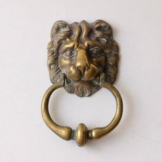 a lion's head is attached to the handle of a door knocker on a white wall