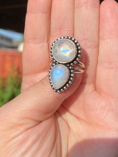 "Gorgeous, one-of-a-kind, genuine rainbow moonstone gemstone ring in sterling silver ring, size 8.5 Only one available, not resizable. Surface Size: 1.40\" x 0.75\" inches, approximately, double band, 5mm. Promotional Price." 925 Sterling Moonstone Open Ring, Sterling Silver Moonstone Ring For Healing, Adjustable Moonstone Ring Stamped 925, White Moonstone Ring In Sterling Silver For Healing, Moonstone Crystal Open Ring Stamped 925, Nickel-free Spiritual Moonstone Ring, Unique Stamped 925 Open Moonstone Ring, Untreated Sterling Silver Moonstone Ring For Anniversary, Spiritual Moonstone Ring In Sterling Silver