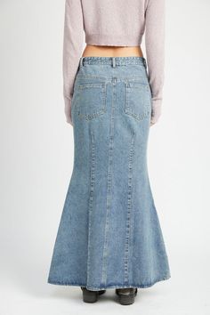 FLUTED DENIM MAXI SKIRT Flared Denim Skirt, Long Denim Skirt, Denim Maxi, Denim Skirt Women, Denim Maxi Skirt, Contemporary Outfits, Swimwear Outfit, Bottom Clothes, Sheer Fabrics