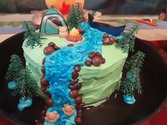 Camping Birthday Cake Fancy Birthday Cake Ideas, Camp Cake Ideas, Camping Cakes Birthday, Glamping Cake, Camping Cake Ideas, Camping Themed Cake, River Cake, Camping Birthday Party Decorations, Camp Cake