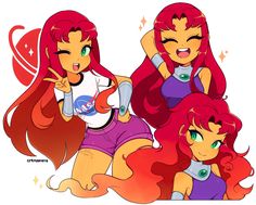 three cartoon girls with long red hair and green eyes, one pointing at the camera