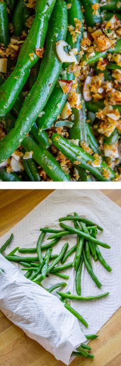 green beans and other vegetables are being prepared on a cutting board, then cooked in the oven