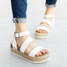 Women's Bryce Open Toe Buckle Ankle Strap Sandals From Soda In White. New With Tag. Size: Available In Various Sizes Color: White Espadrille Flatform Wedge Sandals For Women Yellow Espadrilles, Coral Shoes, Block Heel Platform Sandals, Tan Espadrilles, Leopard Print Sandals, White Espadrilles, Platform Espadrille Sandals, Soda Shoes, Platform Espadrilles