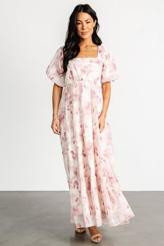 Dalia Maxi Dress | Ivory + Mauve Floral Pink Maxi Dress With Gathered Sleeves For Spring, Pink Floral Print Maxi Dress With Puff Sleeves, Feminine Floral Print Maxi Dress With Puff Sleeves, Feminine Floral Print Puff Sleeve Maxi Dress, Pink Dress With Elastic Waistband For Brunch, White Floral Print Maxi Dress With Puff Sleeves, White Floral Print Puff Sleeve Maxi Dress, Floral Print Square Neck Maxi Dress For Daywear, Pink Maxi Dress With Elastic Waistband For Spring