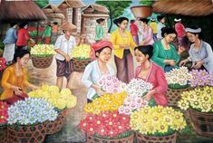 a painting of people selling flowers in baskets