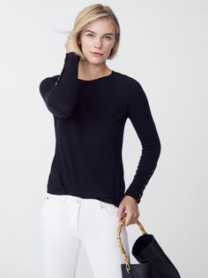 As easy as a tee, our raglan sleeve sweater comes in season spanning stretch knit with tiny golden buttons like built-in jewelry. | J.McLaughlin Women's Jamey Sweater Black, Size 2XS | Cotton Raglan Sleeve Sweater, Heather Brown, J Mclaughlin, Sweater Collection, Women's Sweaters, Work Attire, Sweater Black, White Long Sleeve, Sleeve Sweater