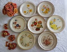 six plates with flowers painted on them sitting on a white table cloth next to some dried flowers