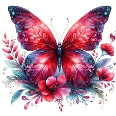 a painting of a butterfly with red flowers on it's wings and leaves around its body