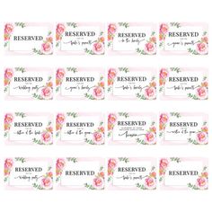 pink roses and green leaves are on the labels for reserved cards