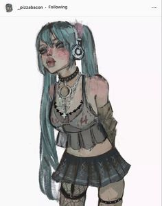 a drawing of a girl with blue hair and piercings on her head, wearing a short skirt