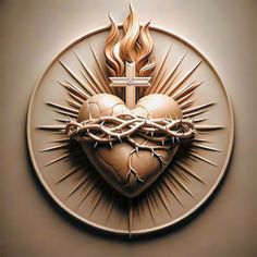 a heart with flames and a cross in the center is surrounded by barbed wire on a beige background