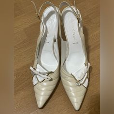 Size 8.5b 3.75” Heel Height In Superb Used Condition Thank You For Shopping! Formal 4-inch Kitten Heels With Open Heel, Cream Pointed Toe Sandals For Formal Events, Cream Pointed Toe Sandals For Formal Occasions, Formal Almond Toe Slingback Pumps, Formal Cream Leather Kitten Heels, Formal Slingback Court Shoes With 4-inch Heel, Cream Slingback Pumps With Heel Strap For Formal Occasions, Cream Ankle Strap Kitten Heels For Formal Occasions, Formal Cream Kitten Heels With 4-inch Heel