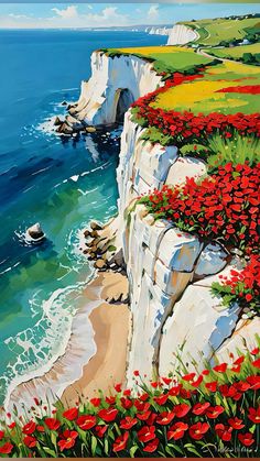 a painting of red flowers growing on the cliffs by the ocean