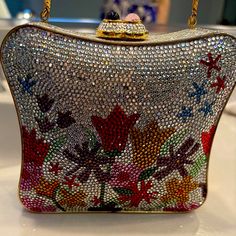 Gorgeous Judith Leiber Evening Bag. Stones Are Silver And Multicolored With Gold Interior And Long Gold Chain. In Great Conditionvintage, No Longer In Production, Barely Used. Judith Leiber Bags, Gold Interior, Judith Leiber, Evening Bags, Gold Chain, Gold Chains, Bag Lady, Shoulder Bag, Chain