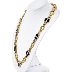 Step into the world of captivating beauty with the David Webb Yellow Gold Link Black Enamel Diamond Chain Necklace. This exquisite piece of jewelry is a true testament to the brand's craftsmanship and artistry. Imagine a necklace that exudes confidence, mystery, and versatility all at once.Crafted with a combination of platinum and 18K yellow gold, this high-polish link chain necklace showcases black enameled discs adorned with round cut diamonds. The smooth finish of the black enamel beautifull Elegant Black Link Jewelry, Designer Yellow Gold Metal Necklace, Designer Yellow Gold Metal Necklaces, Luxury Formal Necklace With Chain Detail, Designer Yellow Gold Necklace, Luxury Formal Necklace With Chain, Luxury Formal Necklace, Luxury Metal Chain Necklace With Polished Finish, Formal Yellow Gold Necklace With Black Enamel