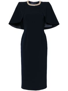 midnight blue stretch-design crepe texture crystal embellishment draped detailing round neck concealed rear zip fastening short draped sleeves fitted waistline mid-length straight hem Character Closet, Slavic Style, Laundry List, Draped Sleeves, Embellished Midi Dress, Midi Dress Blue, Corporate America, Dress Royal, Mommy Style